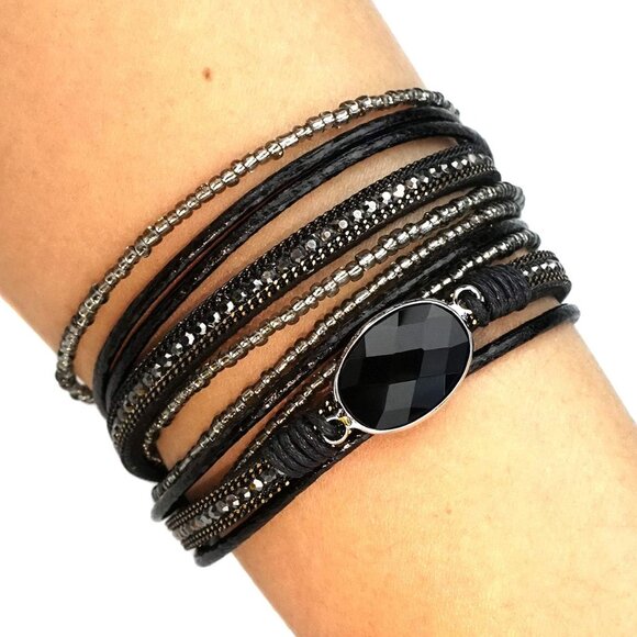 Women Wrap Bracelet Multilayered Leather Braided Bangle Wrist Cuff Bangles with - Picture 2 of 7